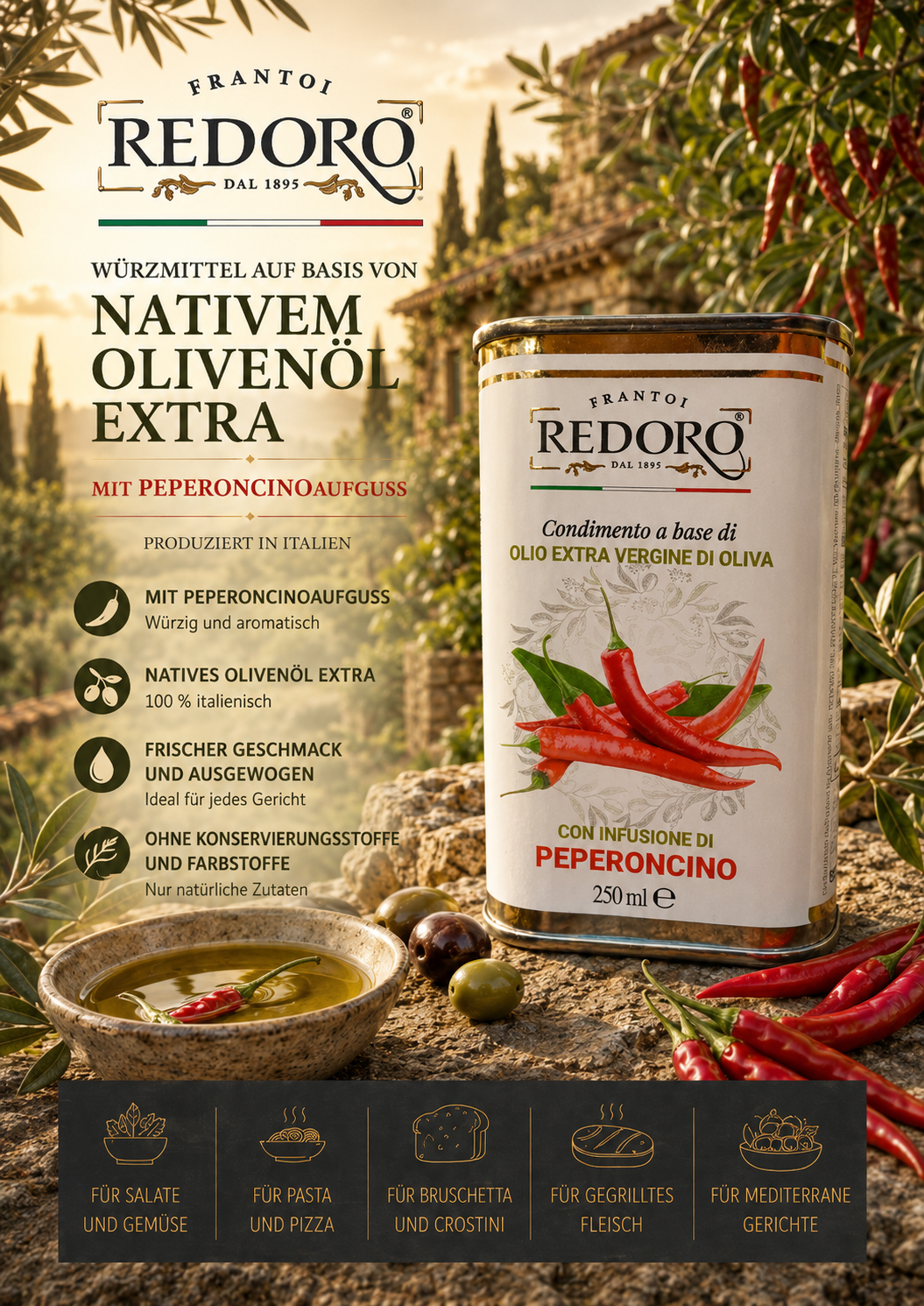 Olivenöl, Extra Vergine, Peperoncino, Italienisch, Konservierung frei