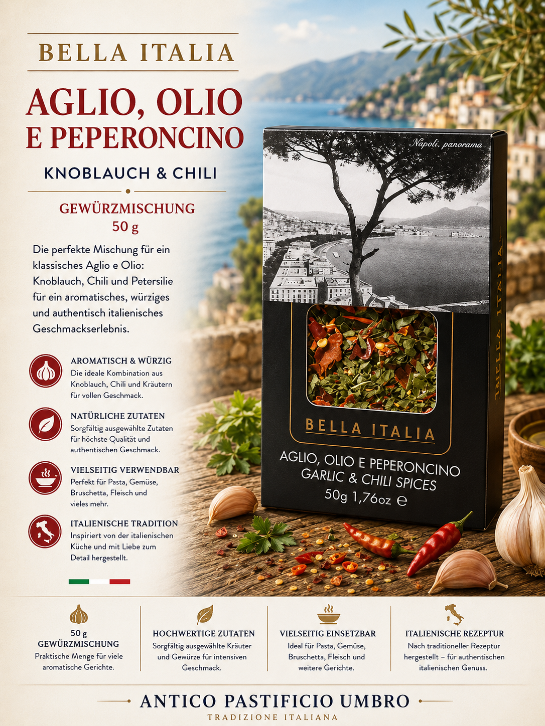 Knoblauch, Chili, Gewürzmischung, Aglio e Olio, Italia