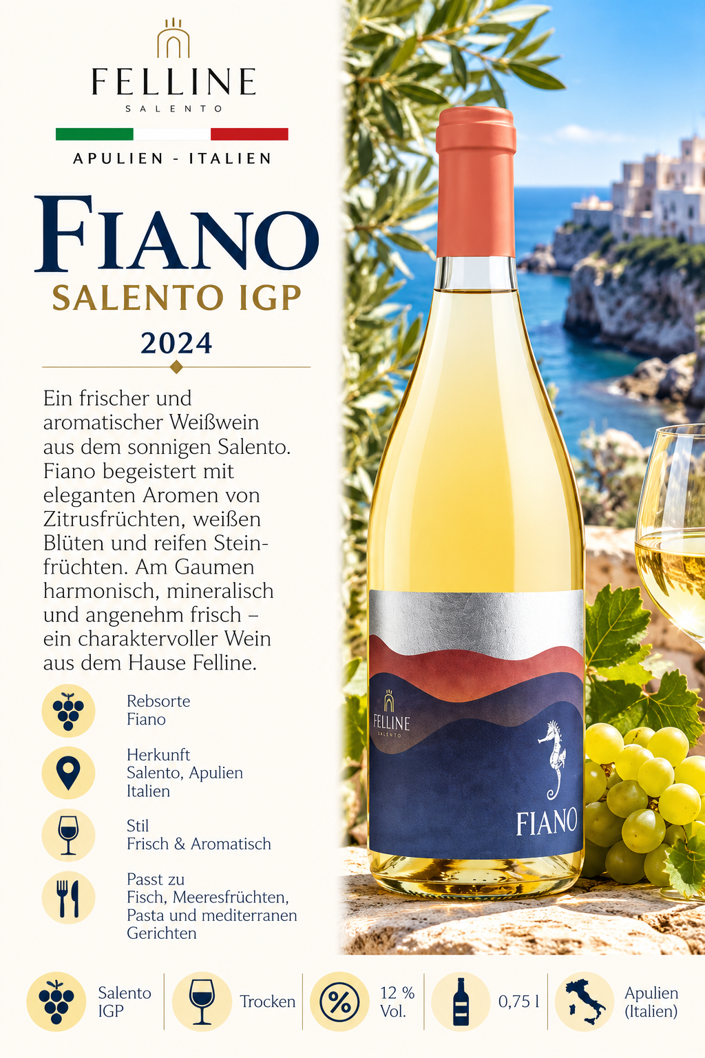 Weißwein, Flasche, Italien, Salento, Fiano
