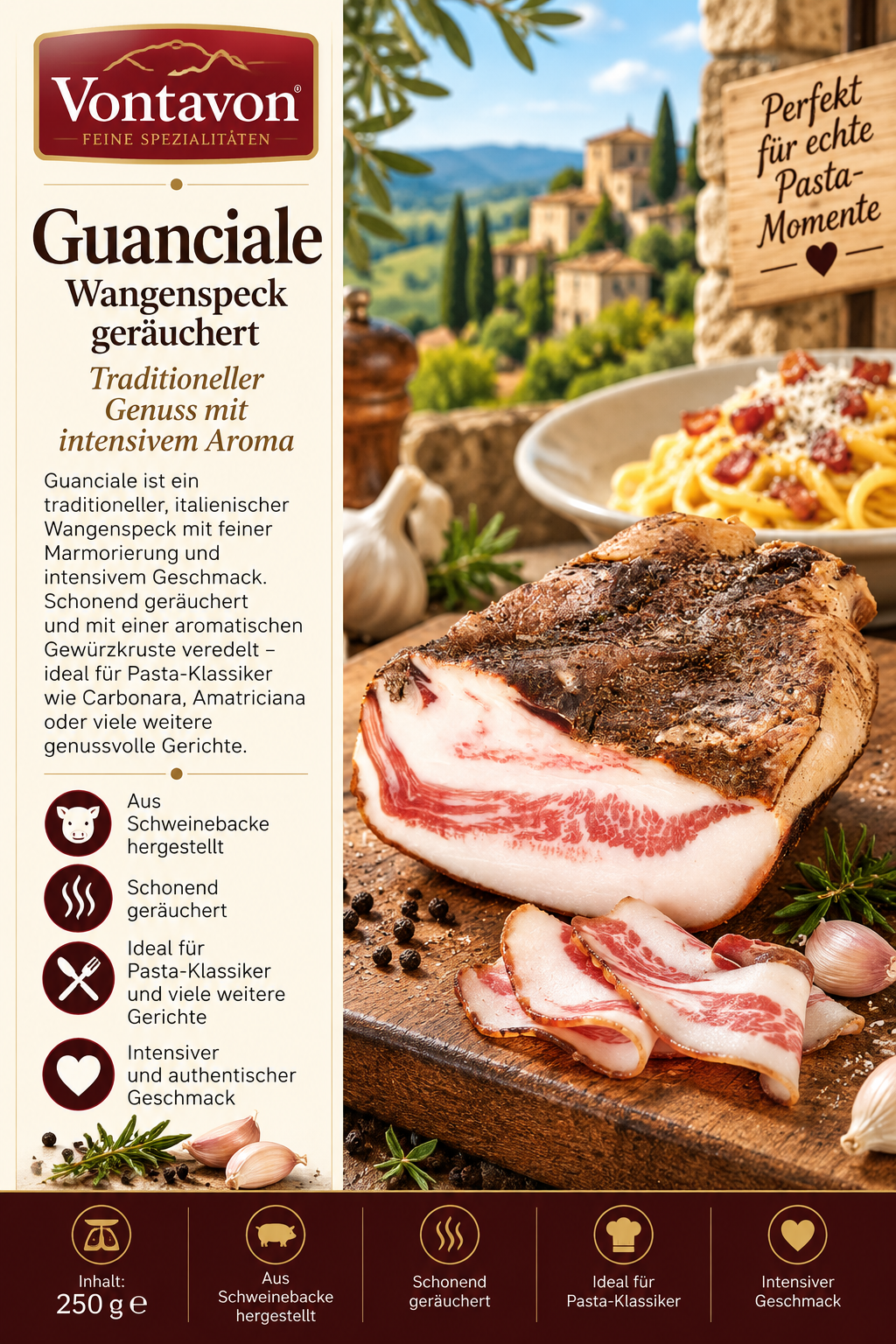 Schweinebauch, Guanciale, geräuchert, Pasta-Geschmack, Aromatik