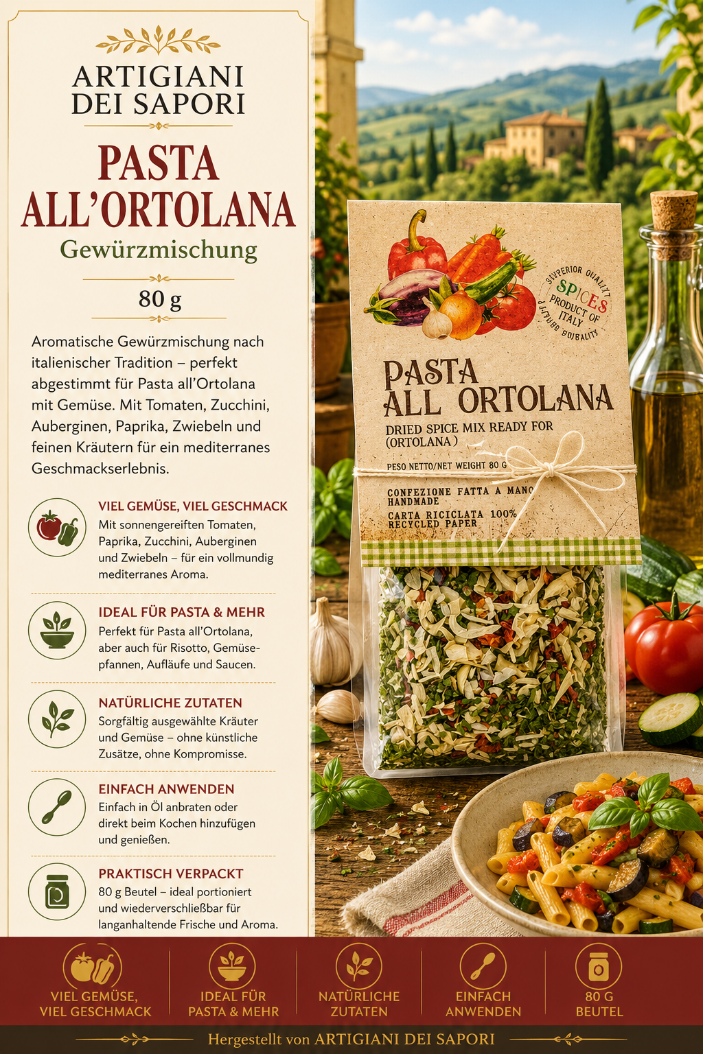pasta, gewürzmischung, ortolana, italienische küche, 80 g