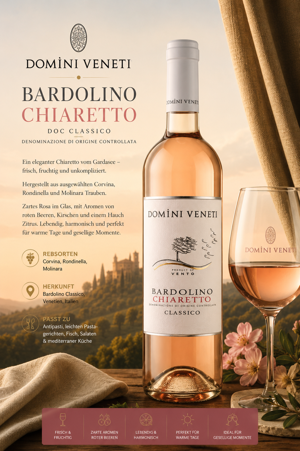 Wein, Rosé, Bardolino Chiaretto, Weißweinflasche, Glas mit Wein
