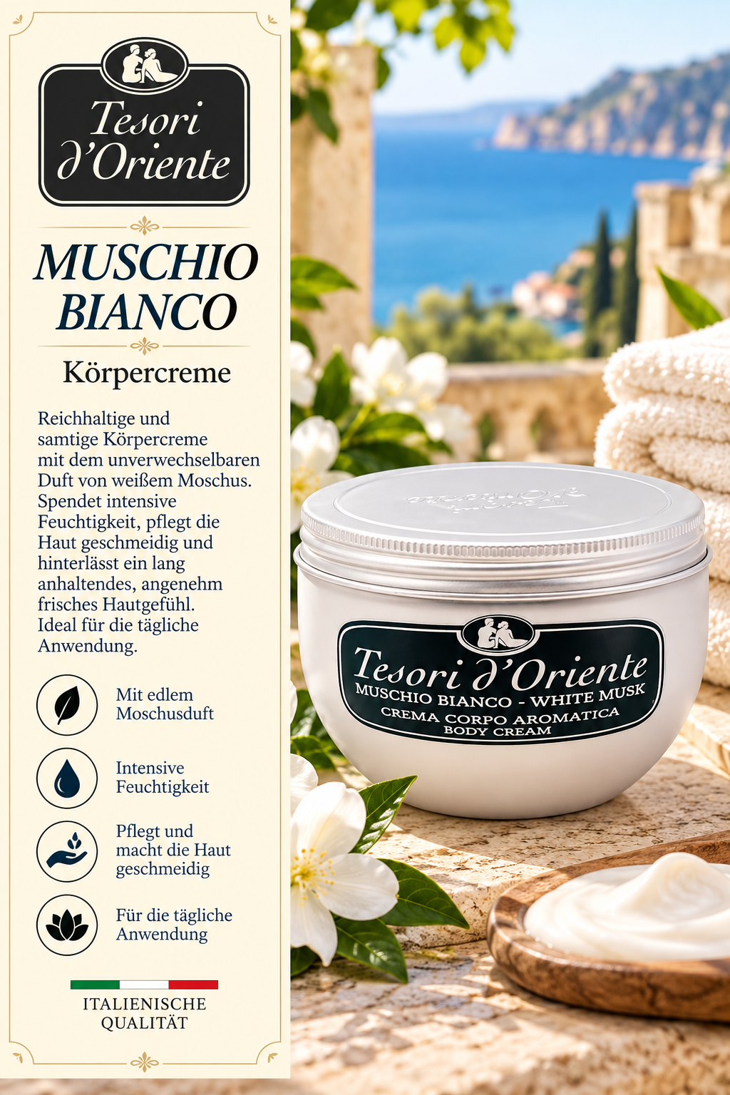 Körpercreme, Muschio Bianco, White Musk, Body Cream, Italienische Qualität