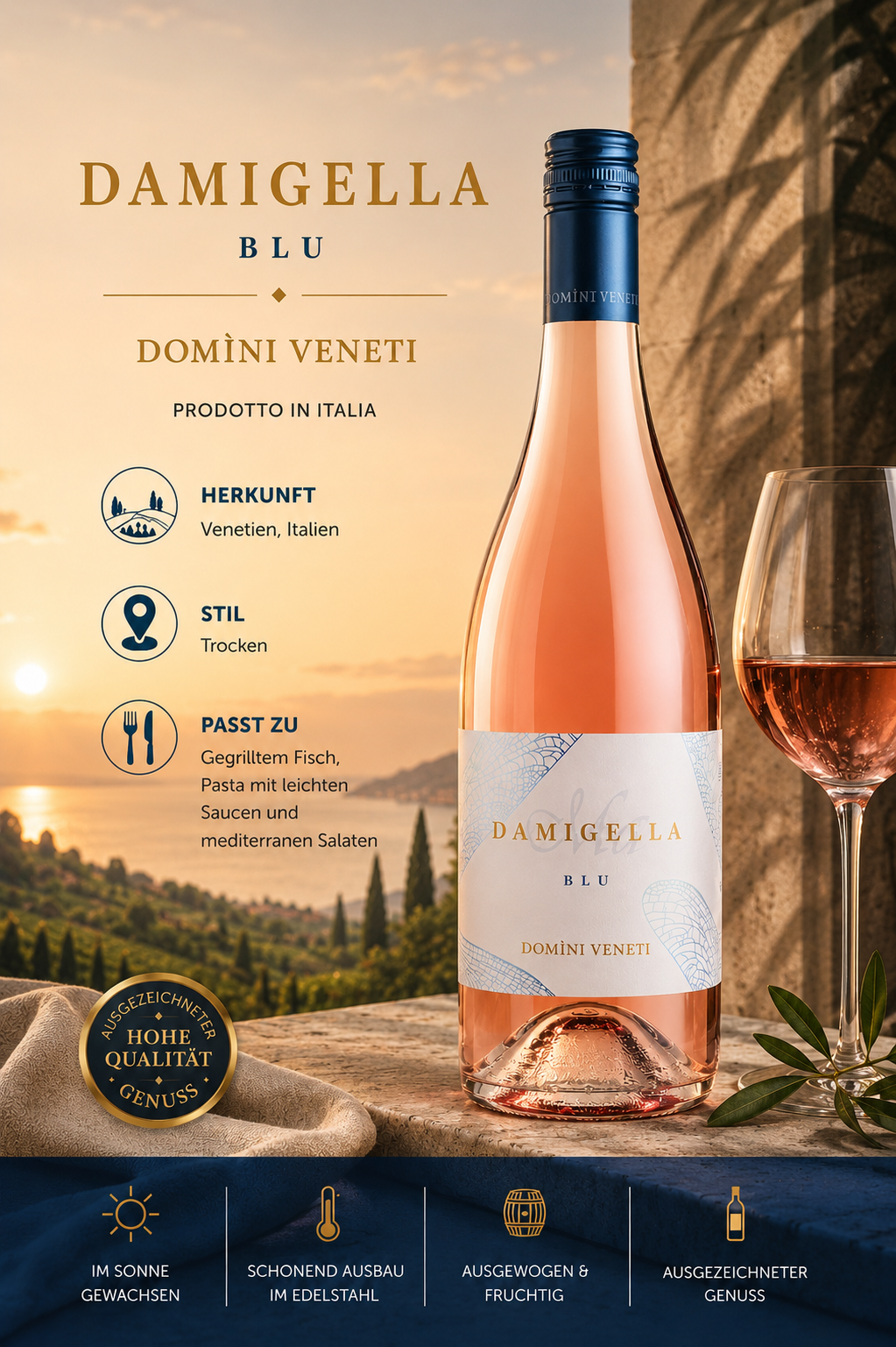 roséwein, glasflasche, domini veneti?, italienisches produkt, blaues etikett