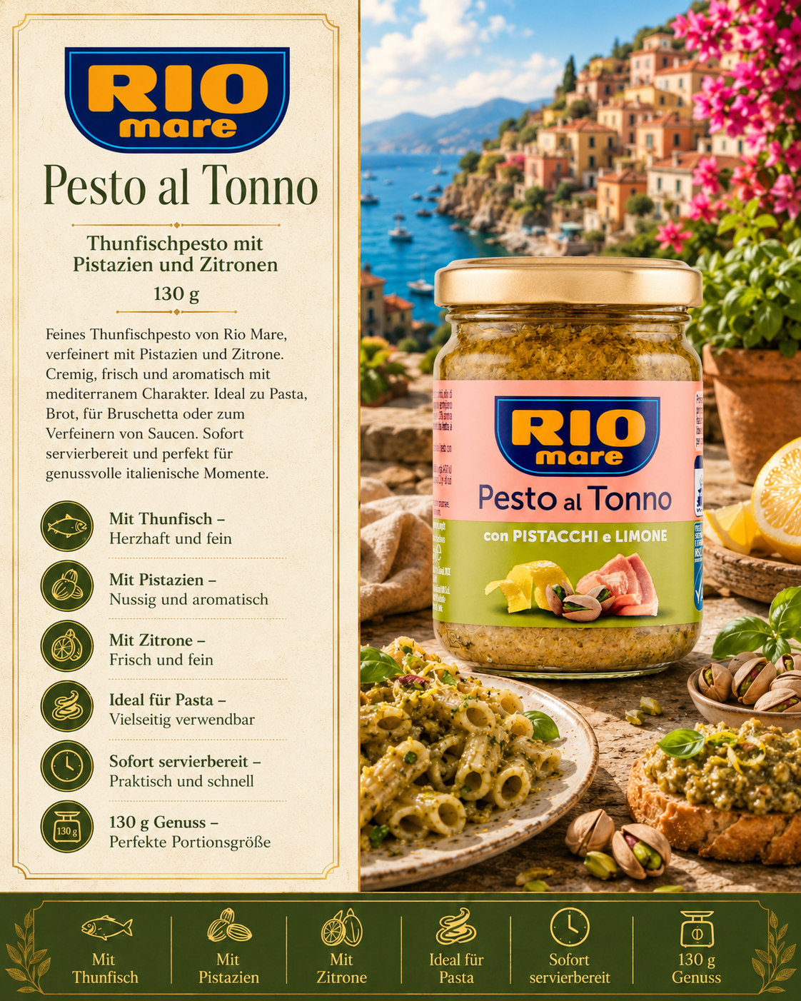 Pesto, Pesto al Tonno, Pasta-Sauce, Pistazien, Limone