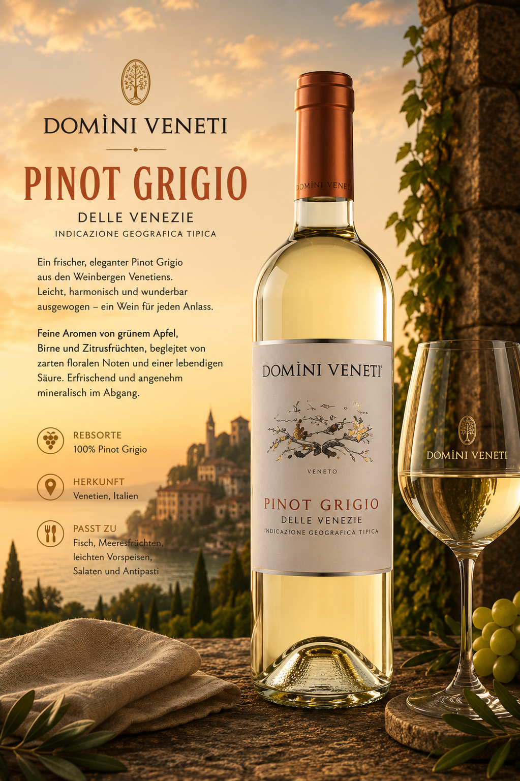 Pinot Grigio, Weinflasche, Weißwein, Veneto, Glas