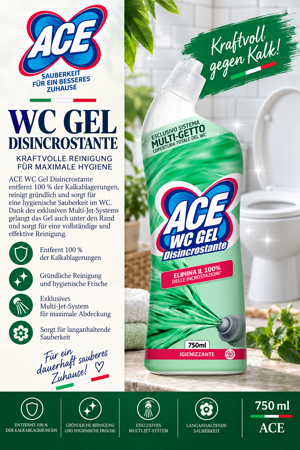 WC Gel, Disincrostante, Bodenreiniger, 750 ml, Multijet-System