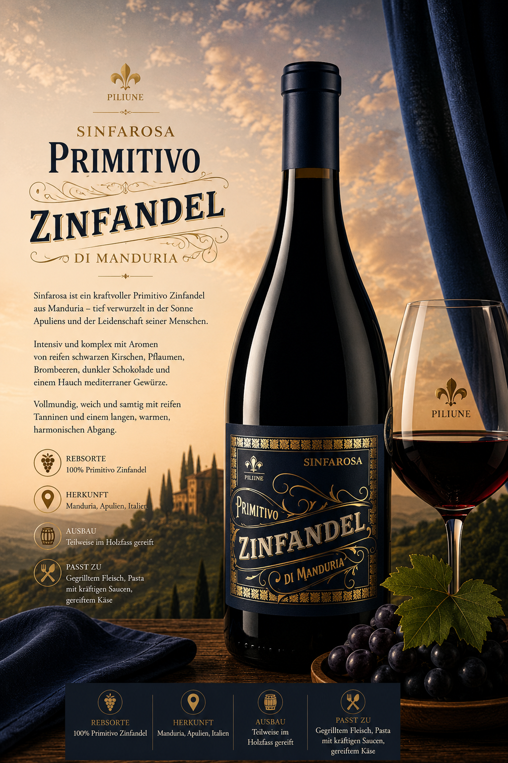 Zinfandel, Primitivo, Weinflasche, Rotwein, Etikett Gold