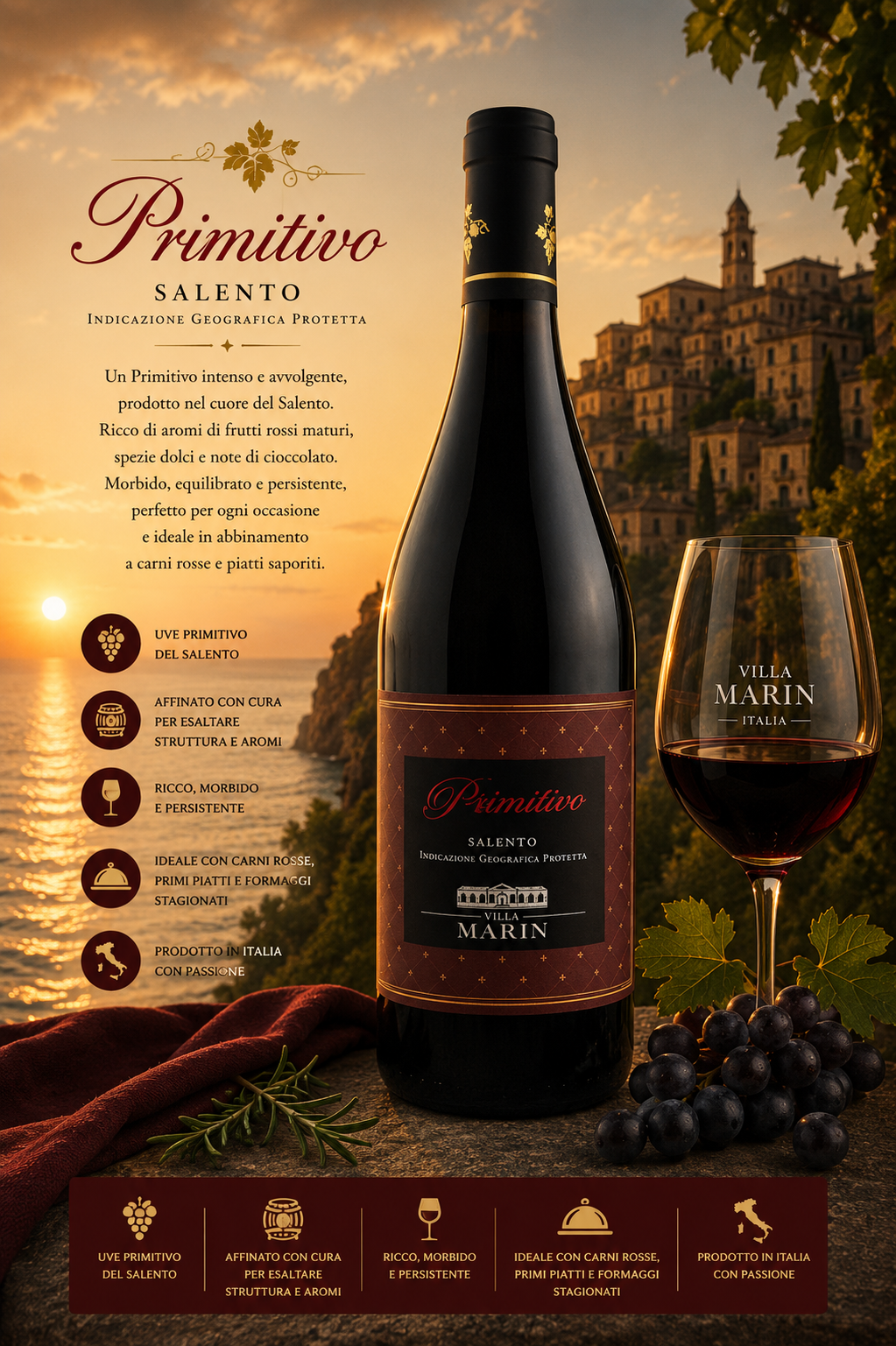 wein, rotwein, flasche, gläser, region salento