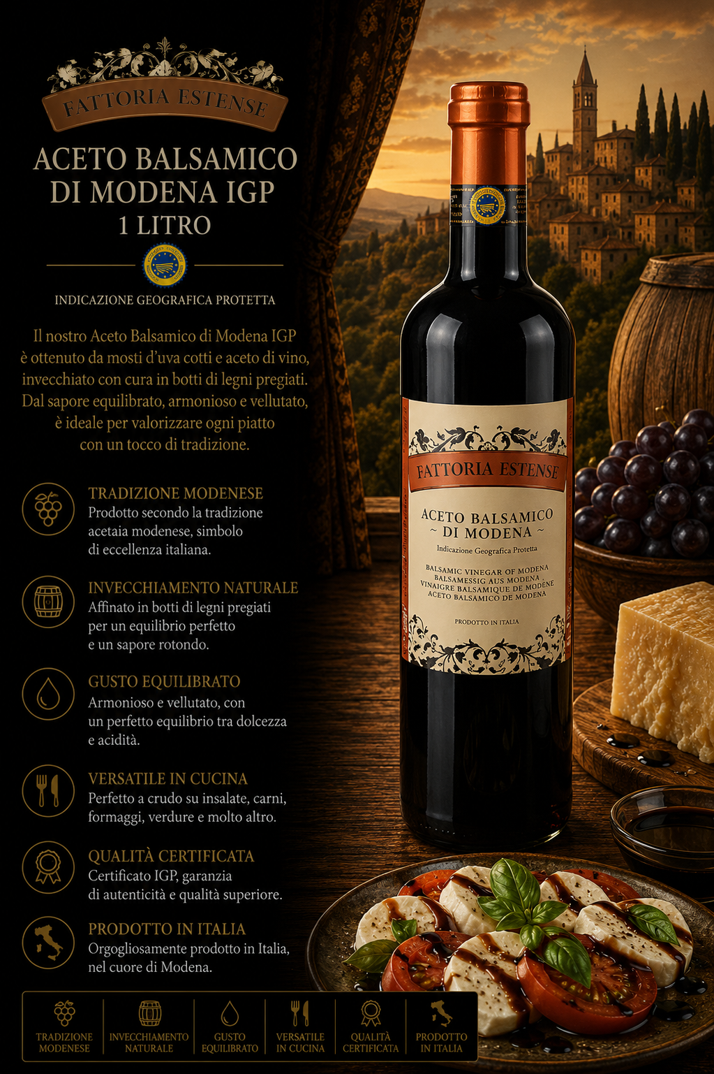 aceto balsamico, modena IGP, vino balsamico, modena tradizione, 1 litro