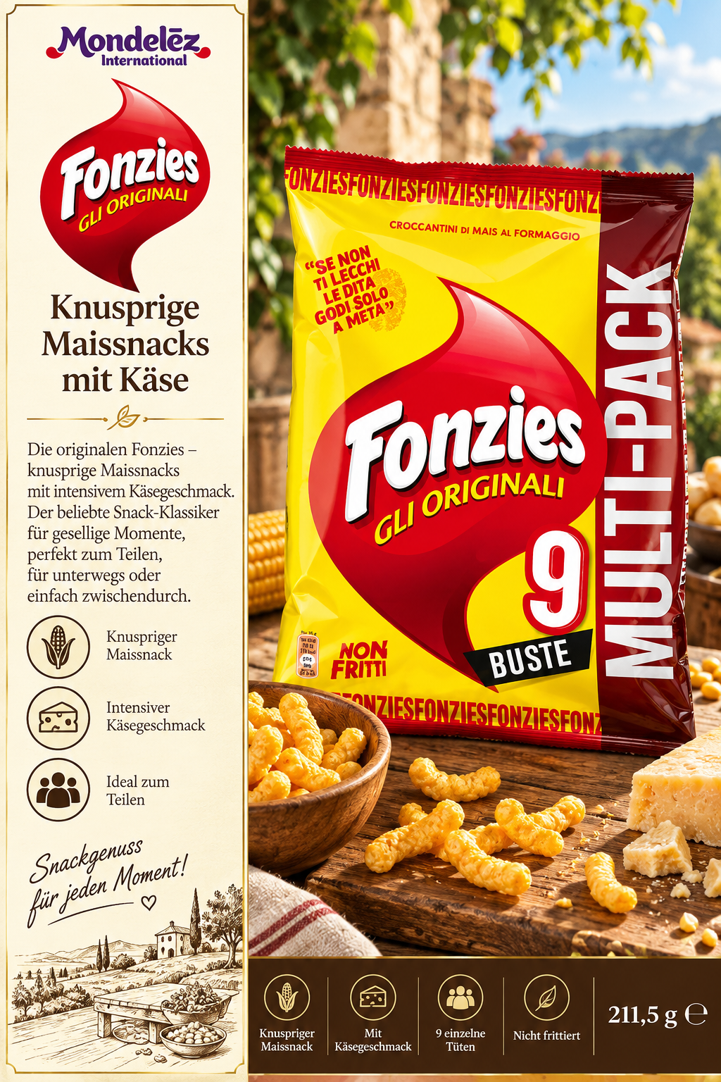 Maissnacks, Käsegeschmack, Knusprig, Snack-Packung, 9 Tüten