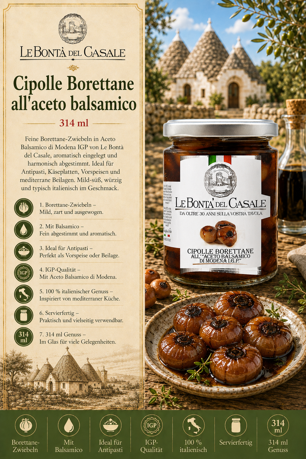 Borettane-Zwiebeln, Balsamico, Glas jar, italienisch, IGP-Qualität