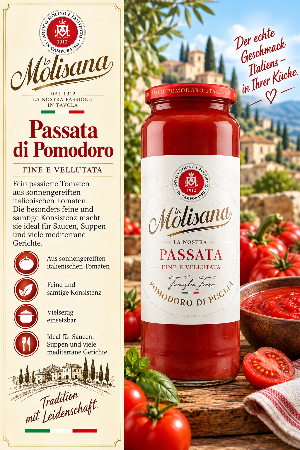 Passata, Tomatensauce, Glasflasche, Rot, Italienische Küche