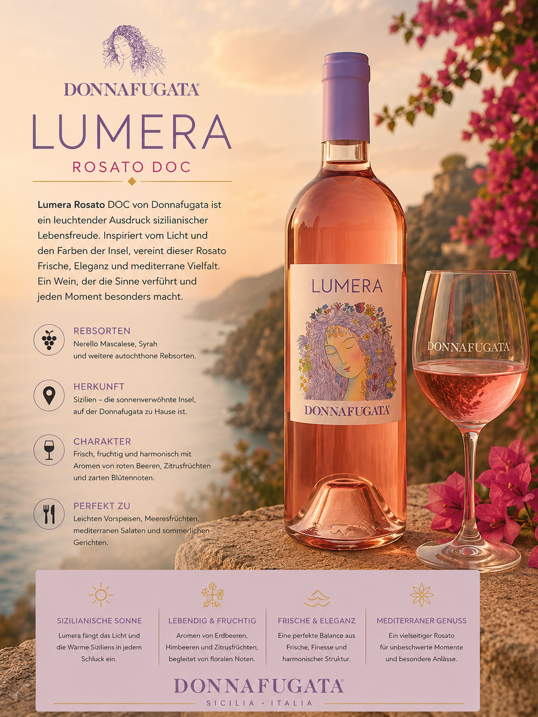 Rosato Rosé, Roséwein, Glas Wein, Flasche Wein, Etikett Schmuck