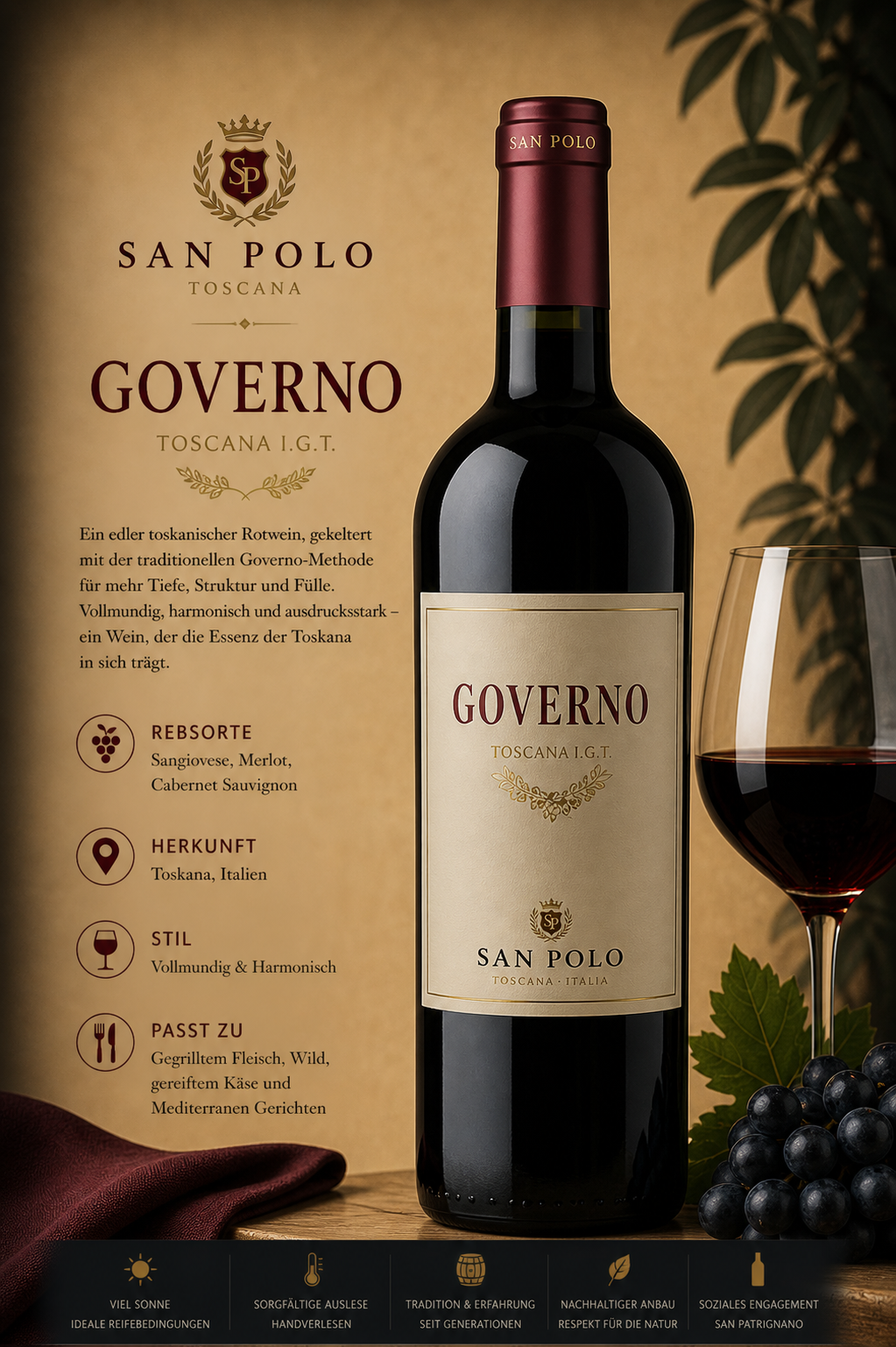 Rotwein, Flasche, Governo, San Polo, Italien
