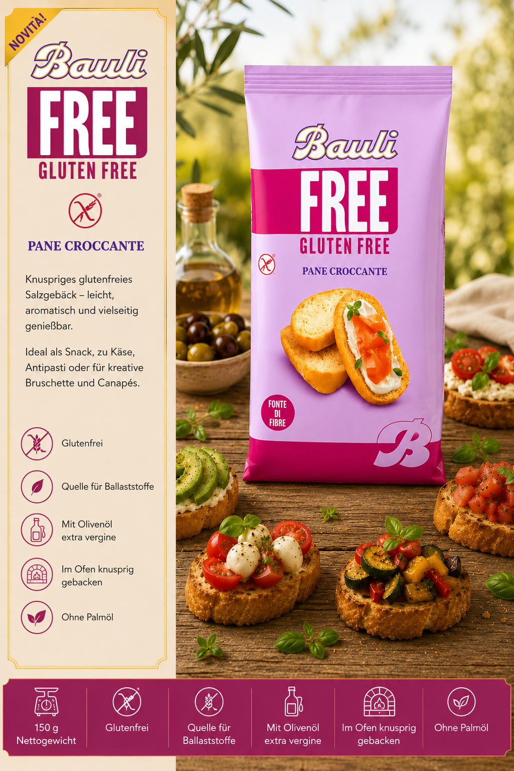 Glutenfrei, Puffkorn, Paket, Snack, Bruschetta