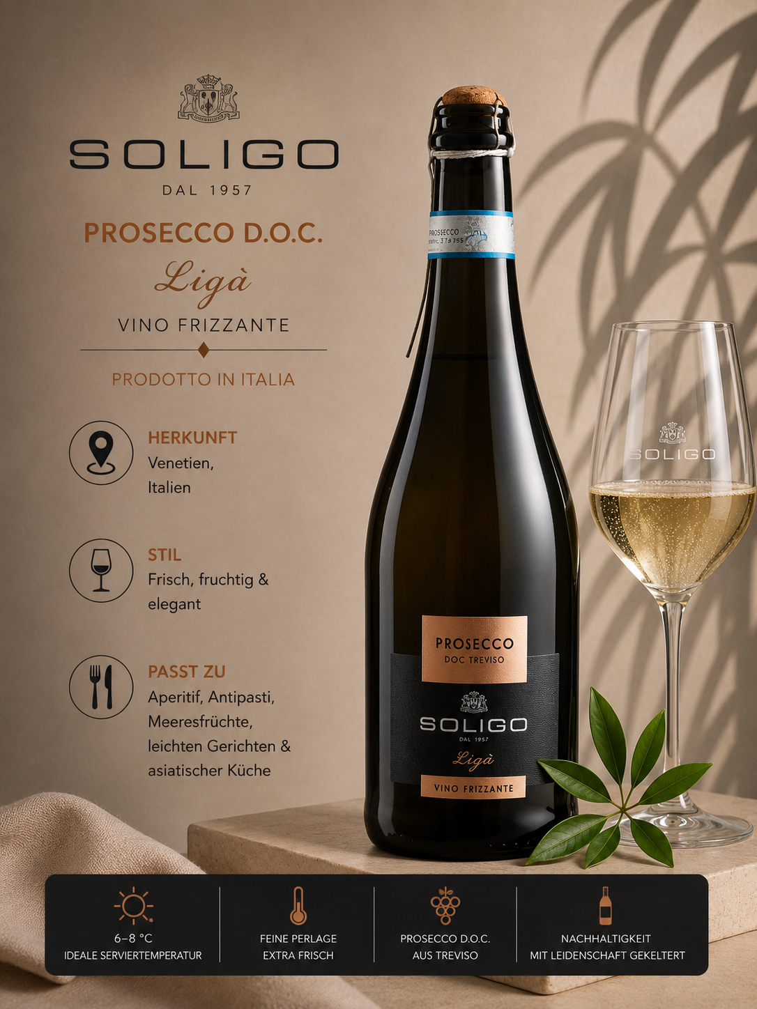 Prosecco, Vino Frizzante, Glasflasche, Italien, Prosecco D.O.C.