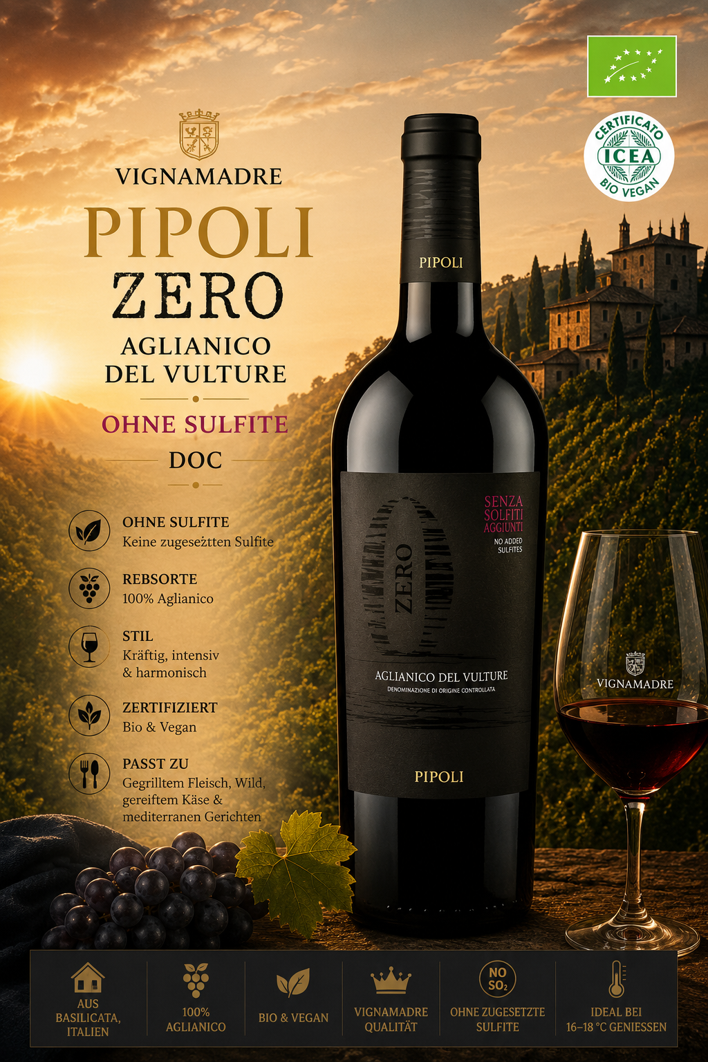 Wein, Rotwein, Aglianico, Zero Sulfite, Bio Vegan