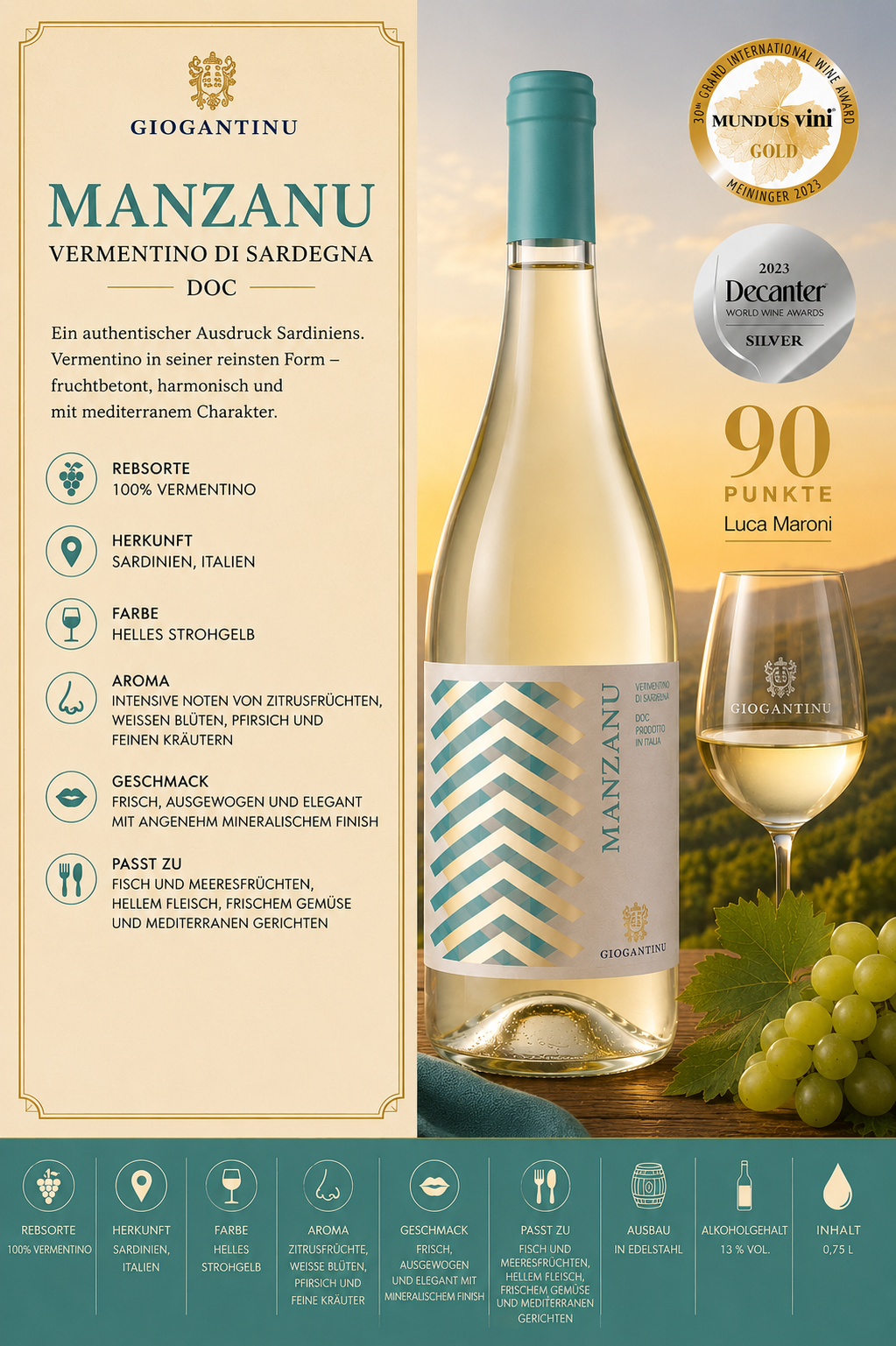 Vermentino, Manzanu, Weißwein, Sardegna, Flasche