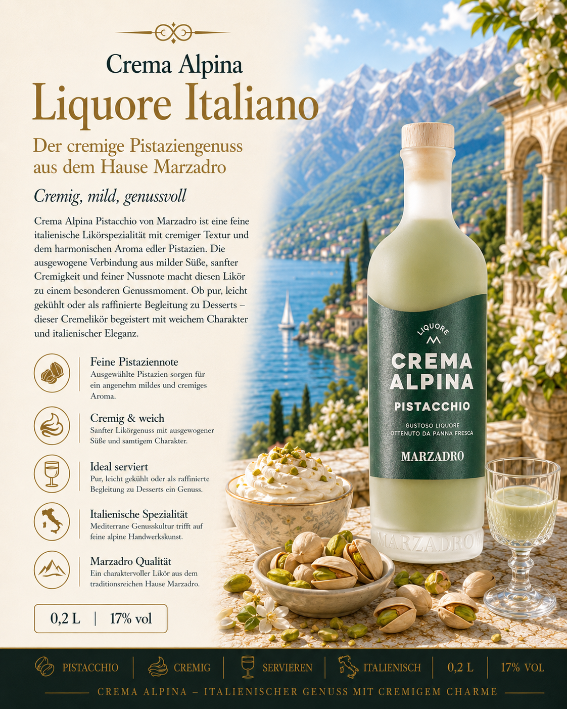 Liquore italiano, Pistacchio liquore, Crema Alpina, Marzadro, Nota di pistacchio