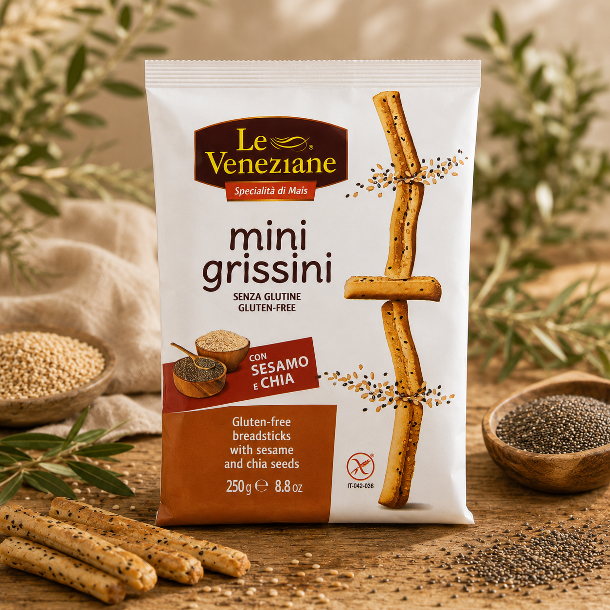 Glutenfrei, Brotstängel, Sesam, Chia, Grissini