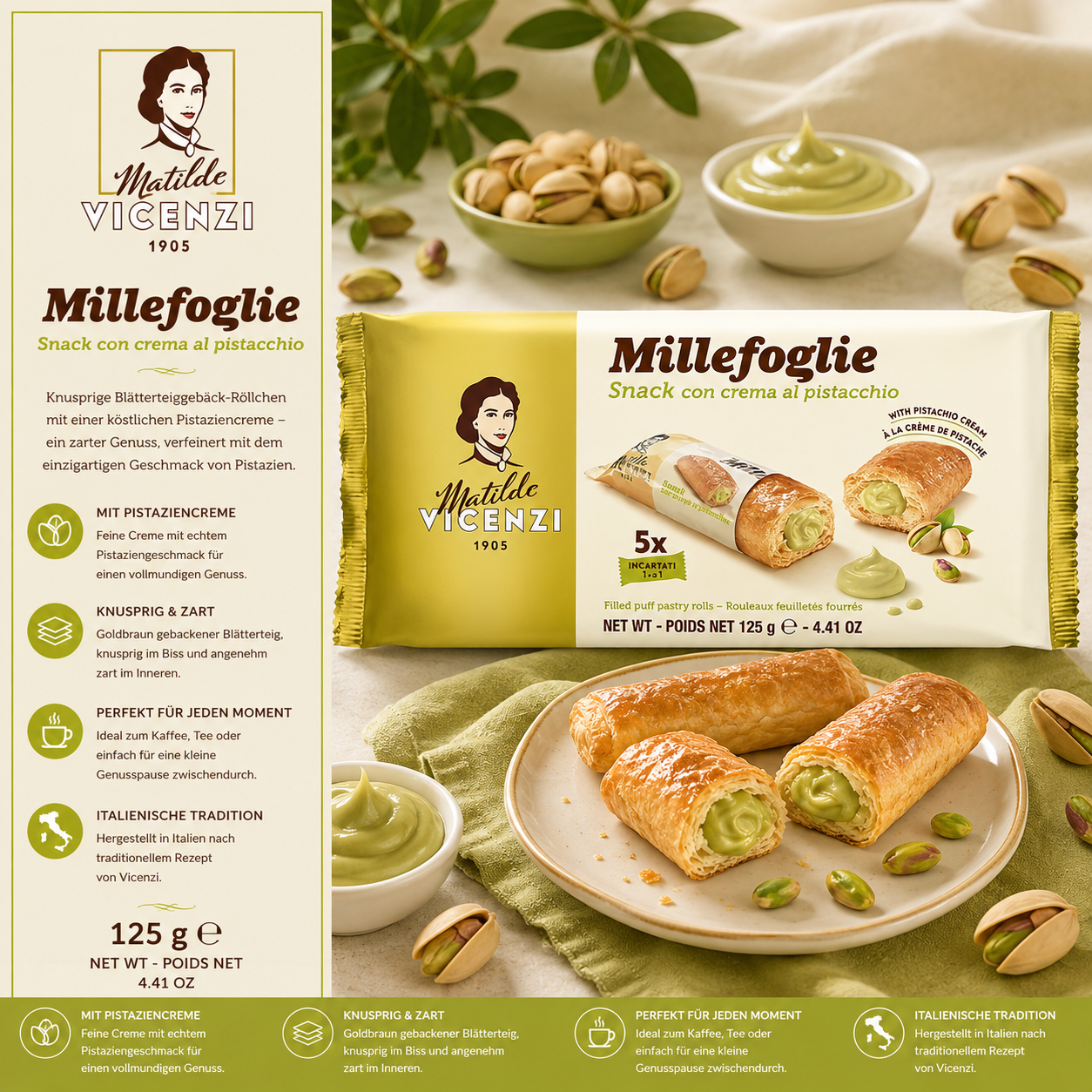 Millefoglie, Pistaziencreme, Pistazien, Blätterteig, Snack