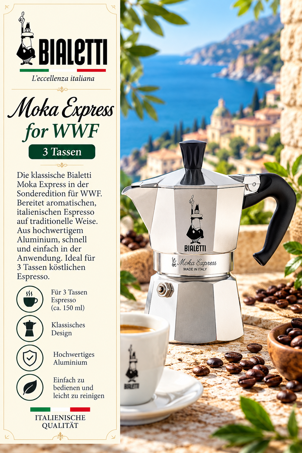 Kaffeemaschine, Aluminium, Moka Express, Italienische Qualität, 3 Tassen