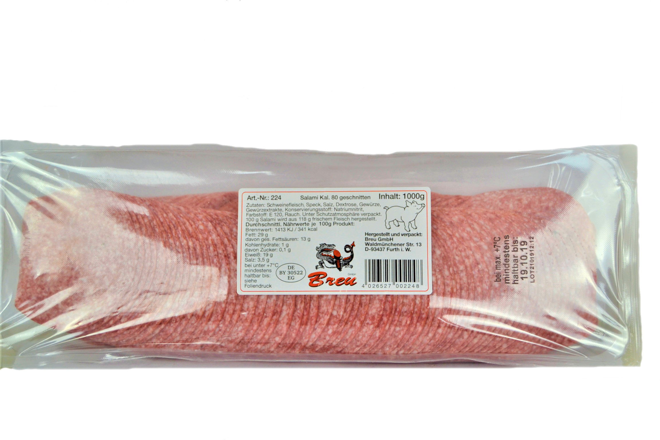 Pizza Salami Kal.80 geschnitten 1 kg. Breu