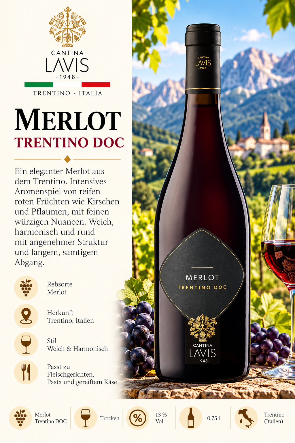 Merlot, Trentino, DOC, Rotwein, Weinflasche