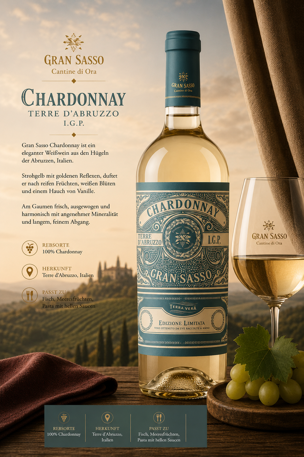 Chardonnay, Weißwein, Flasche, Etikett, Glaswein