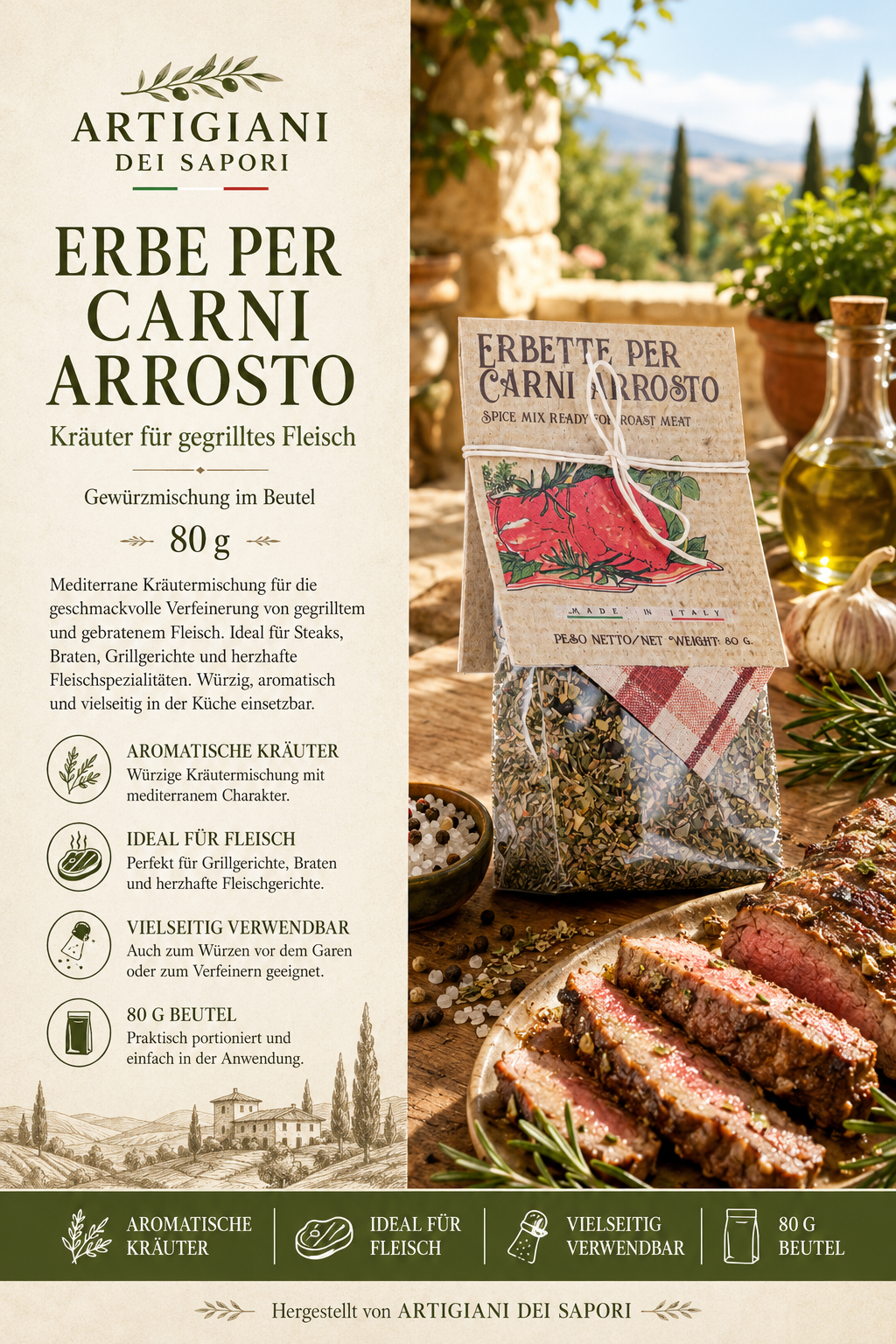 Gewürzmischung, Kräuter, 80 g Beutel, Fleischwürze, Gegrilltes Fleisch