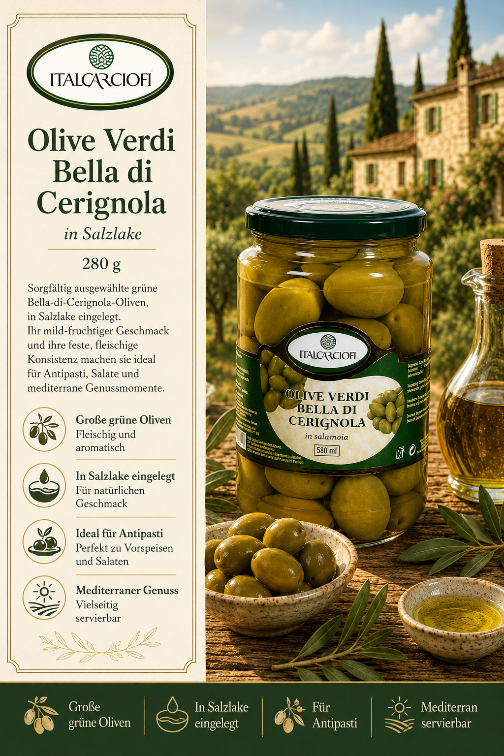 Olive Verdi Bella di Cerignola, Oliven im Glas, Glasbehälter Oliven, SalzOliven, Italienisches Olivenprodukt, Oliven, Olivenöl, Glas jar, Bella di Cerignola, Salzlake