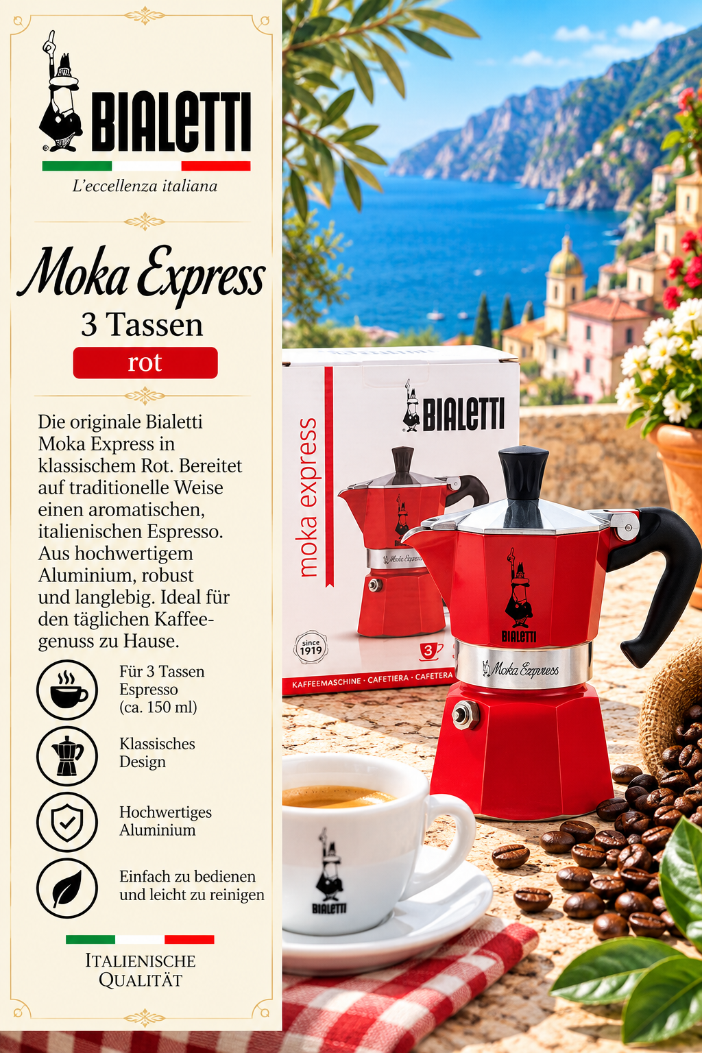 Espresso-Maschine, Moka Express, Rot, Aluminium, Kaffeemaschine