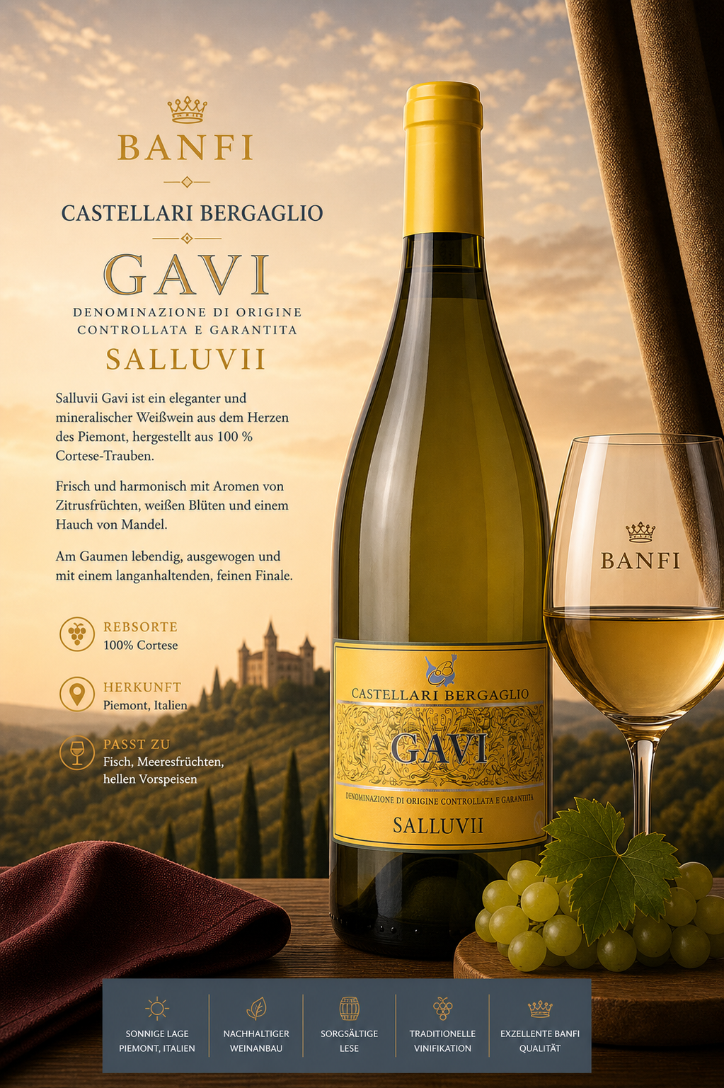 Weißwein, Gavi, Salluvii, Castellari Bergaglio, Weinflasche