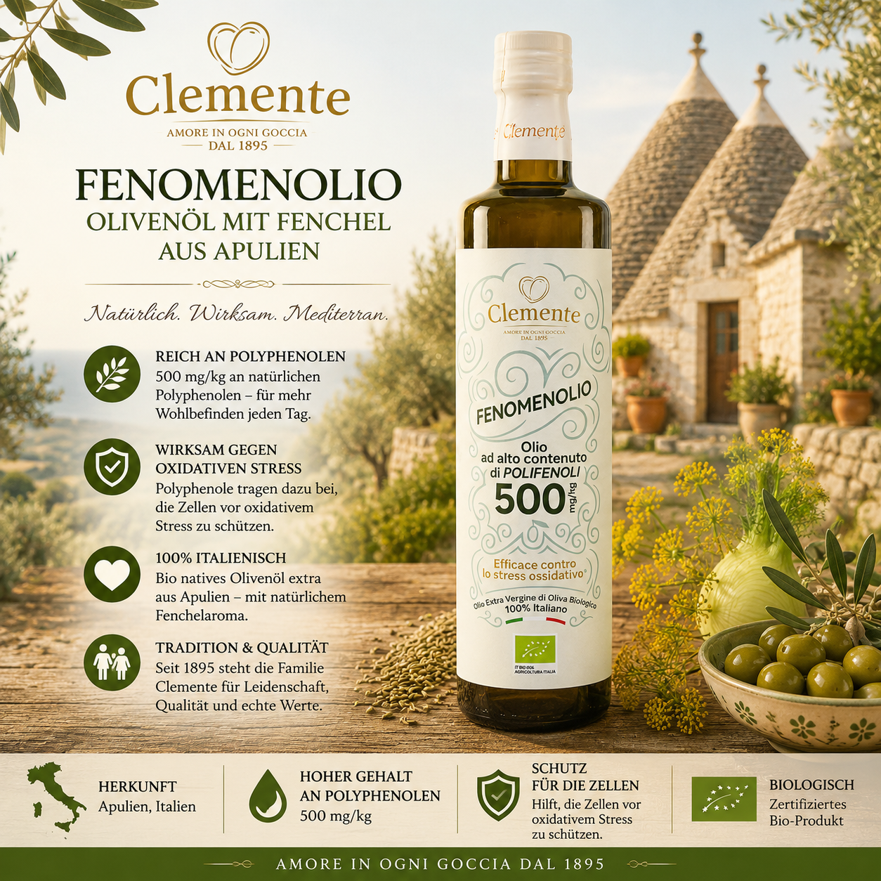 Olivenöl, Fenchel, 500 ml, Glasflasche, Bio