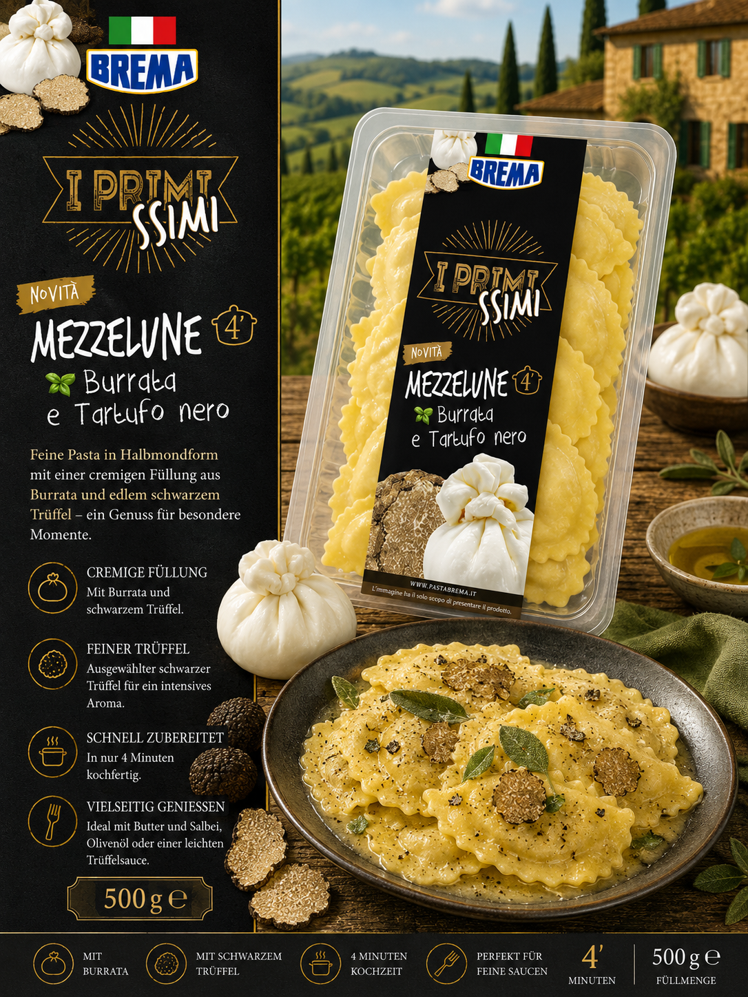Mezzelune, Gnocchi, Pasta, Burrata, Trüffel