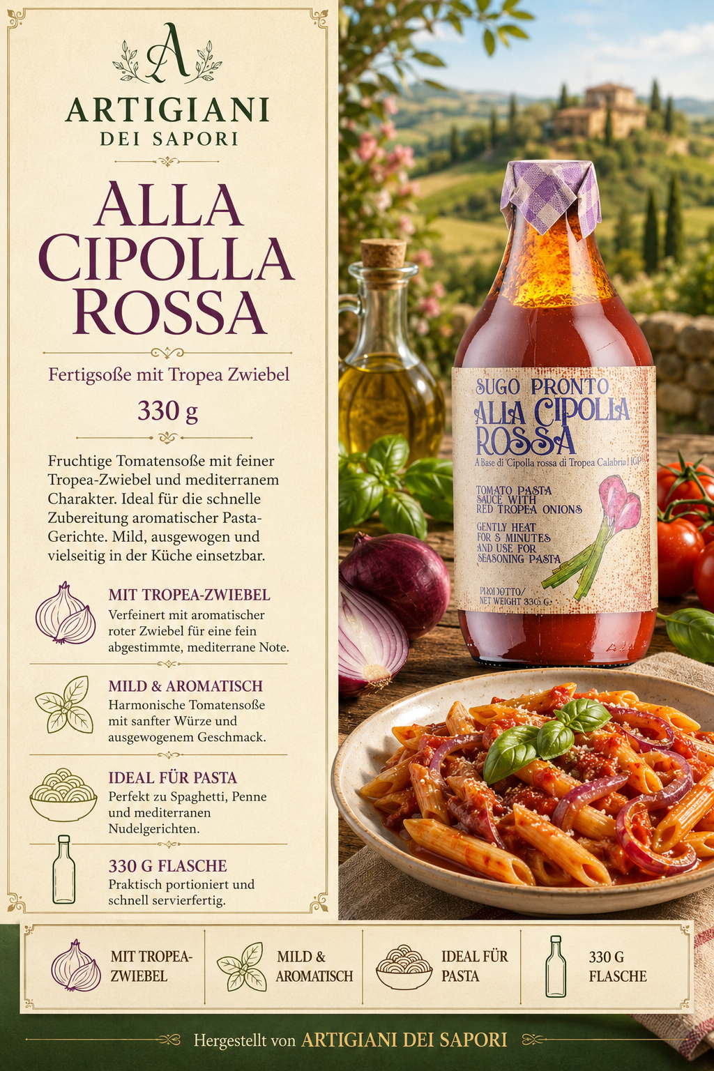 Pasta Sauce, Tomatensauce, Zwiebel, Basilikum, Flasche 330g