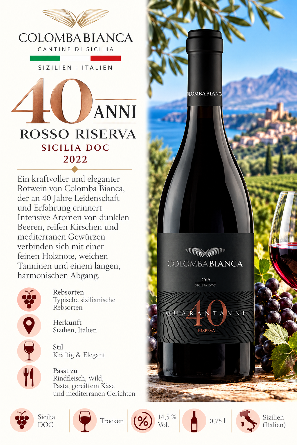 Rotwein, Colomba Bianca, Sicilia, 40 Jahre, Risserva