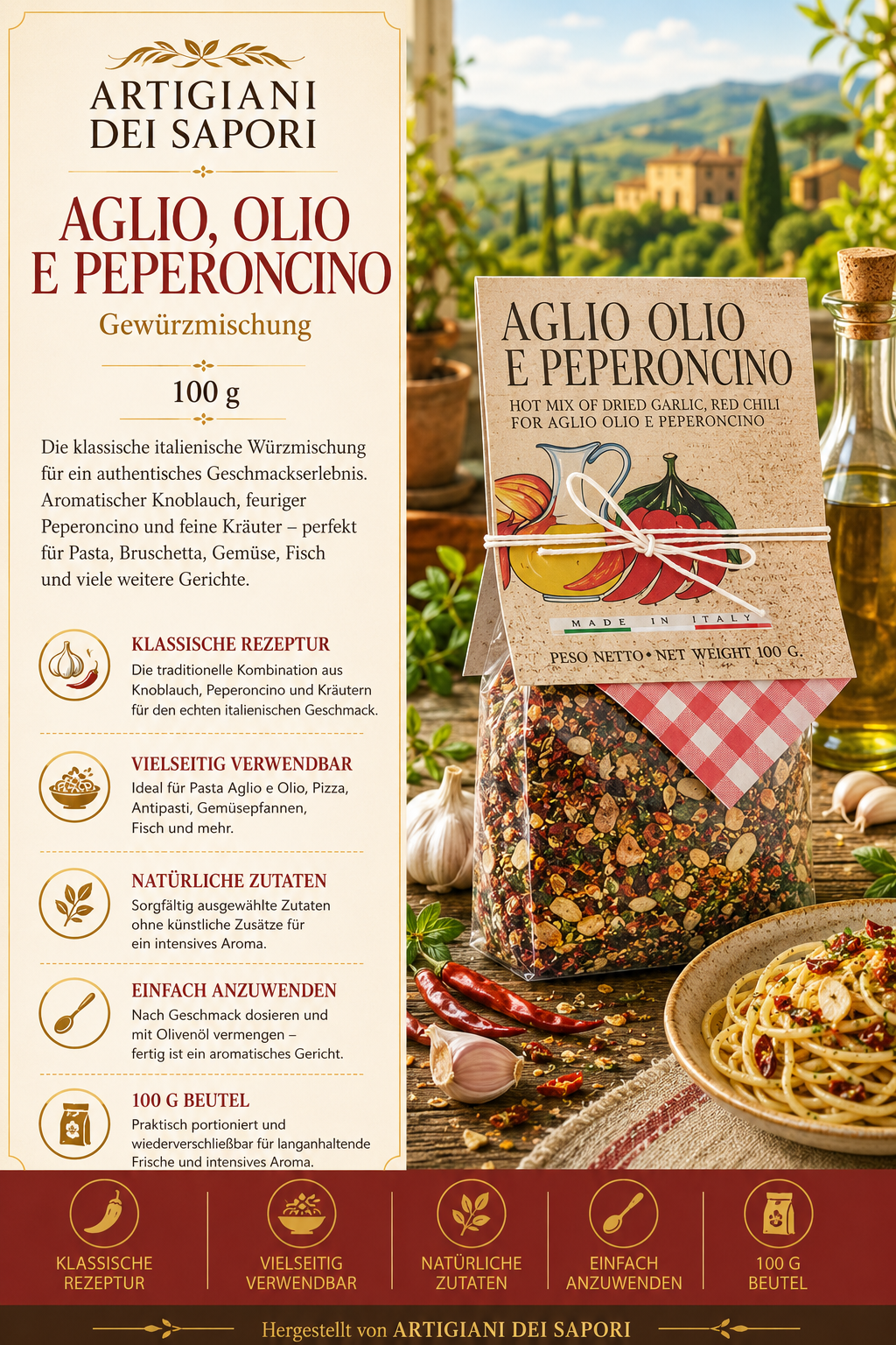 Knoblauch, Olivenöl, Peperoncino, Gewürzmischung, 100 g