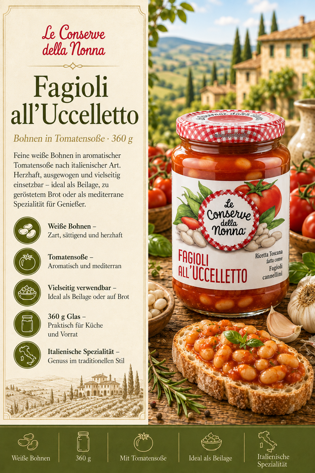 Fagioli all'Uccelleto, Tomatensoße, Glas 360 g, Italienische Spezialität, Brotaufstrich
