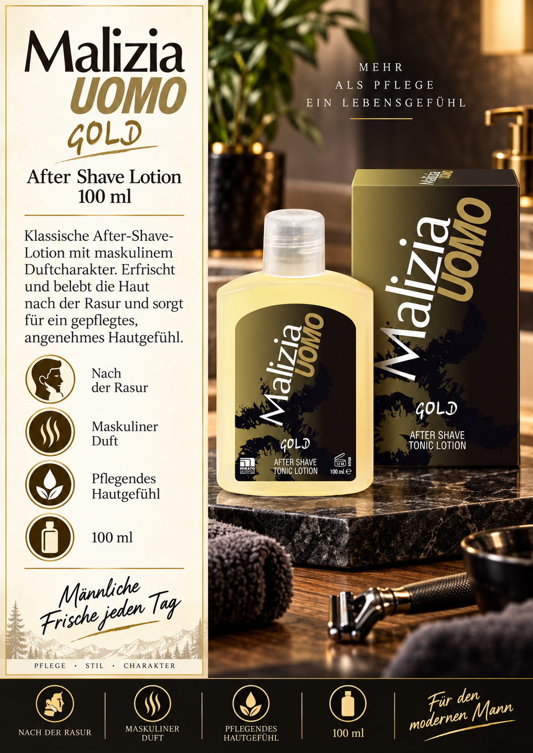 Aftershave Lotion, Gold, 100 ml, Tonic Lotion, Herrenpflege
