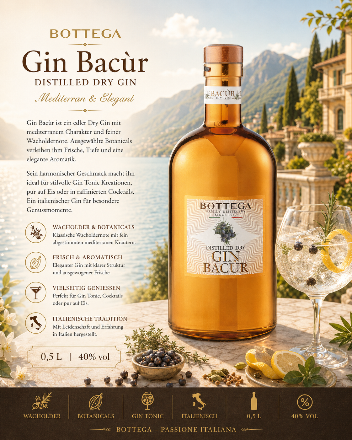 Gin, Distilled Dry Gin, Flasche, Etikett, 0,5L