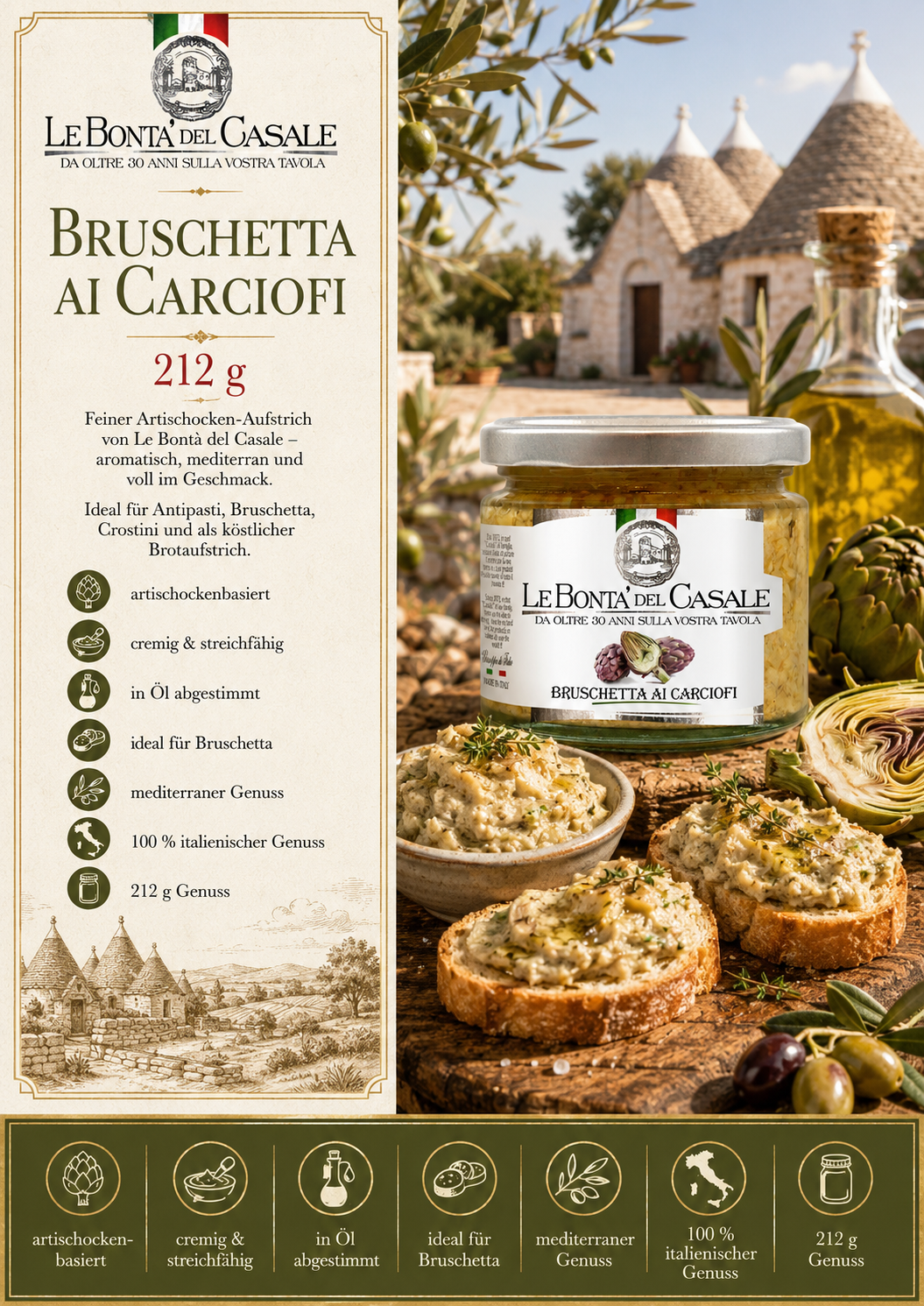 Bruschetta, Ai Carciofi, Artischocken-Aufstrich, Glas jar, Olivenöl