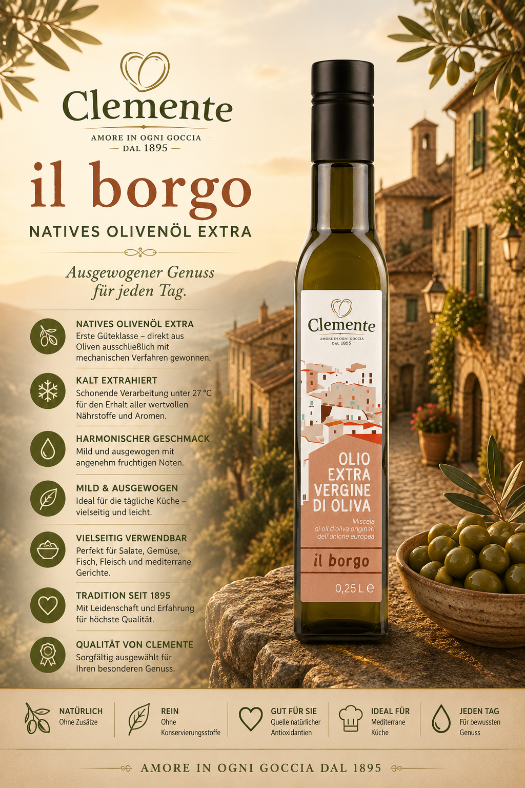 Olivenöl, extra vergine, Glasflasche, italienisches Olivenöl, il borgo