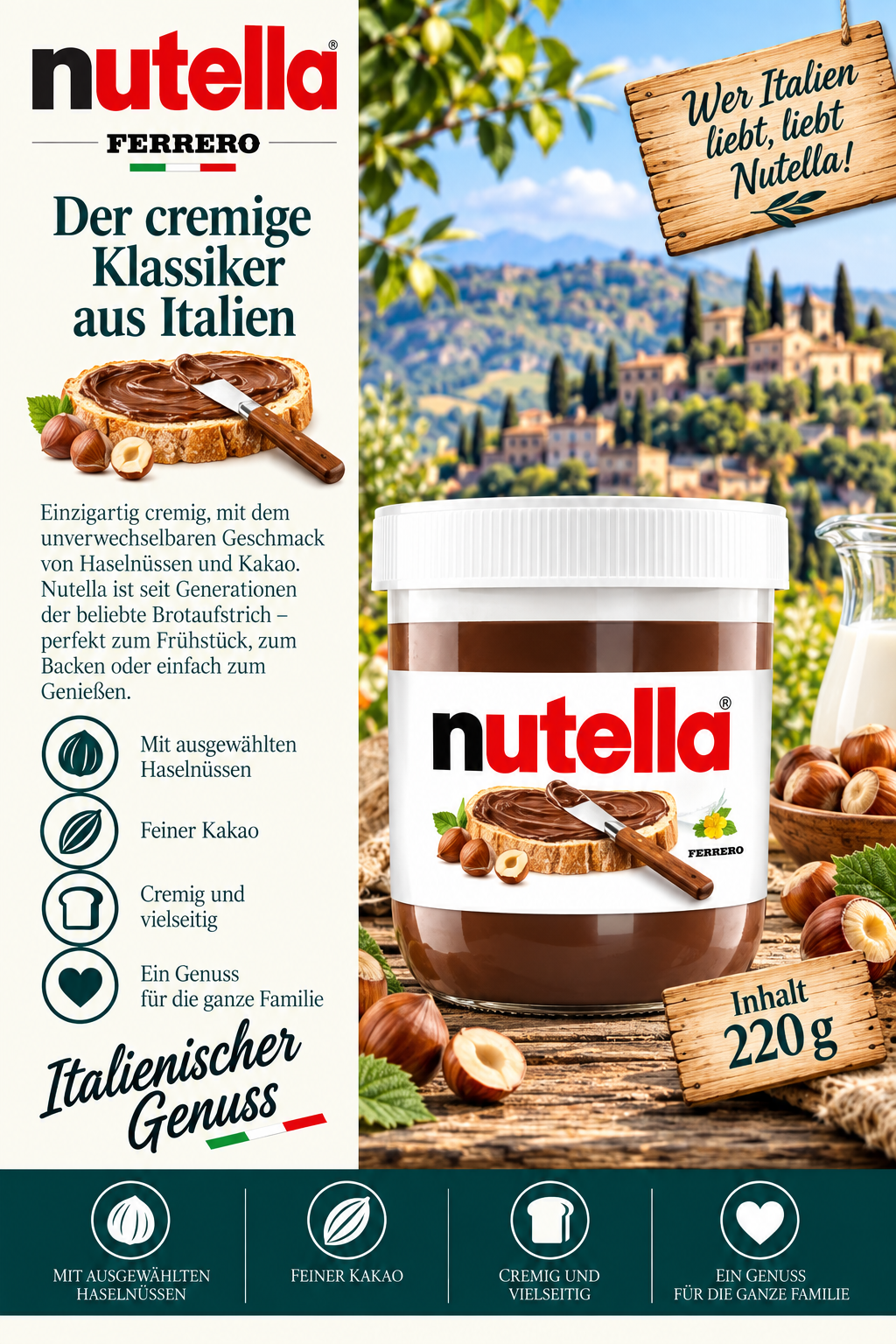 Nutella, Glasjar, Schokoaufstrich, Haselnuss, Italienischer Genuss
