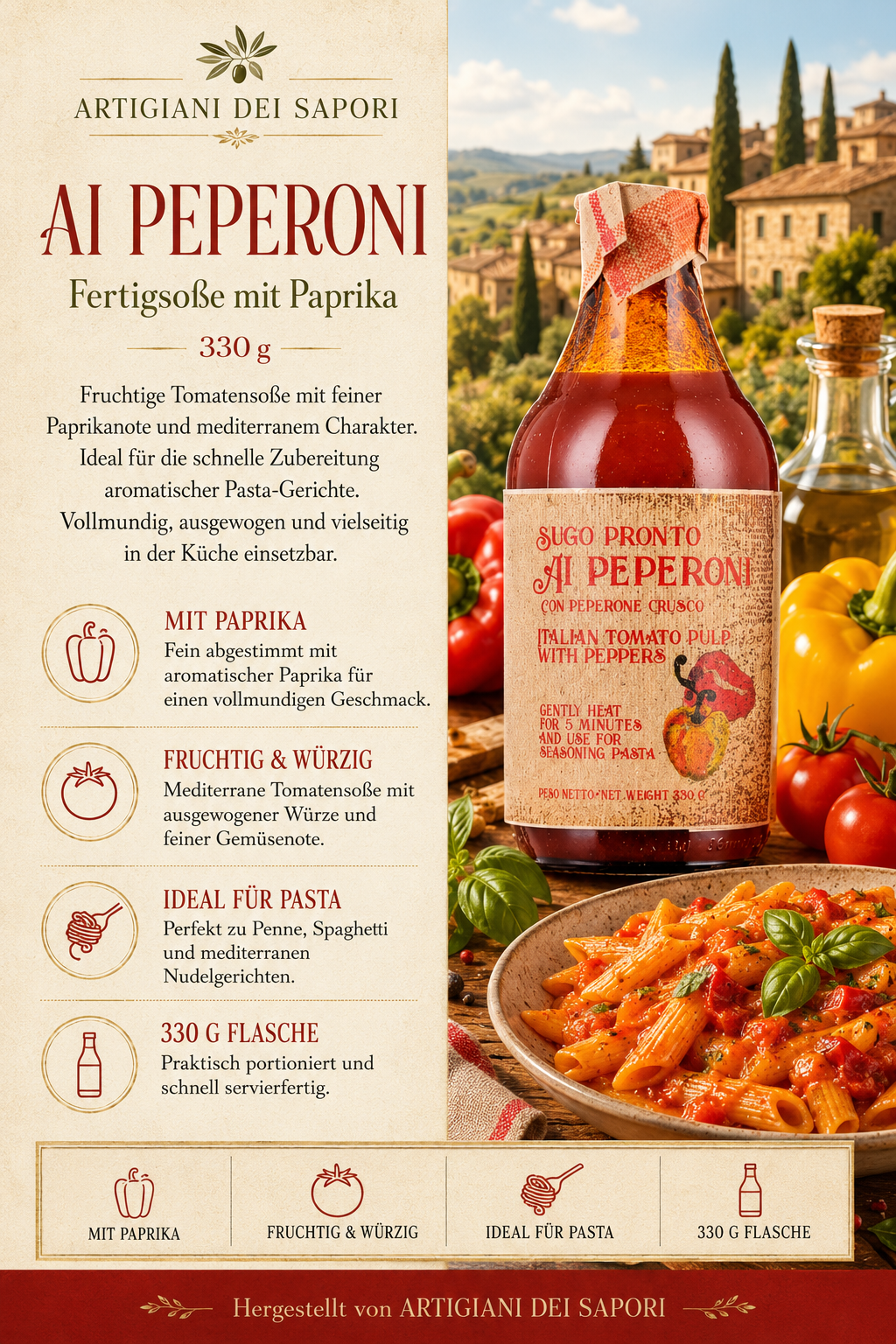 Tomatensoße, Paprika, italienisch, Pasta-Geschmack, 330 g Flasche