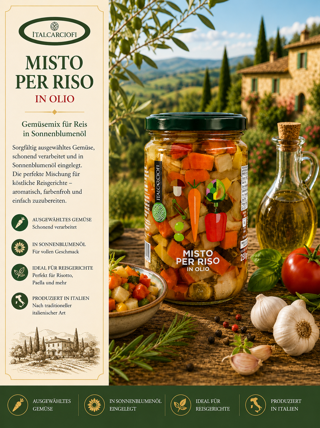 Gemüsegericht, Miso Per Ris0, Italocarfio, Sonnenblumenöl, Glas Jar Mix