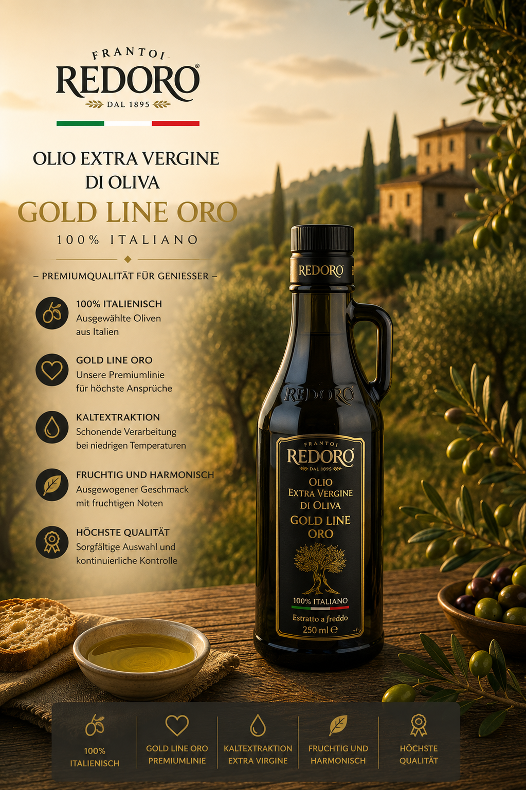 olivenöl, extra vergine, gold line oro, italienisch, flasche