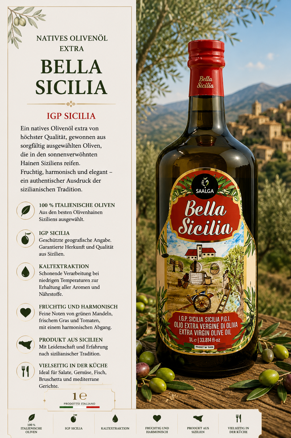 Olivenöl, Extra Vergine, Bella Sicilia, IGP Sicilia, Sizilianische Olivenölflasche
