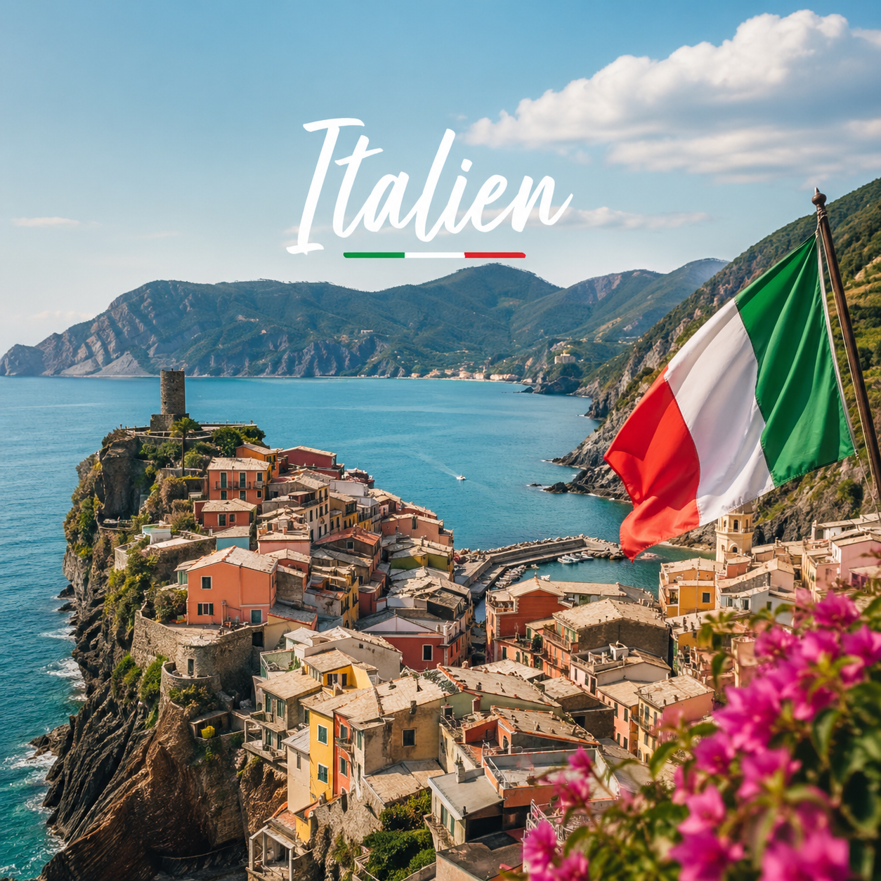Italien, Küste, Häuser, Flagge, Meer